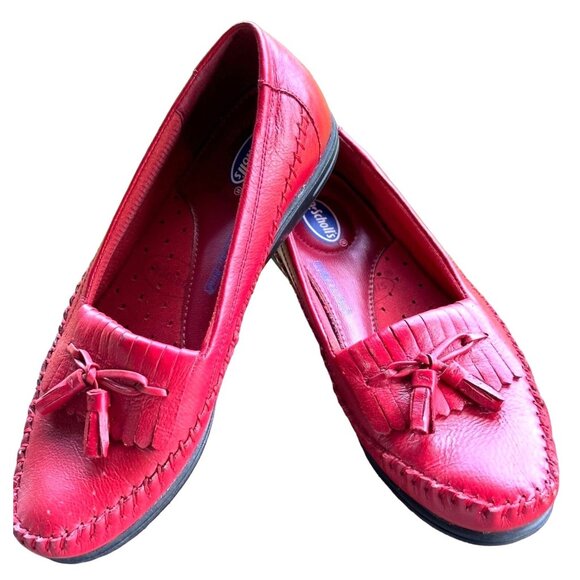 Dr SCHOLL Red Dress Slip on Loafers Flats Women Tassel Leather Moccasins 6M - Picture 1 of 13